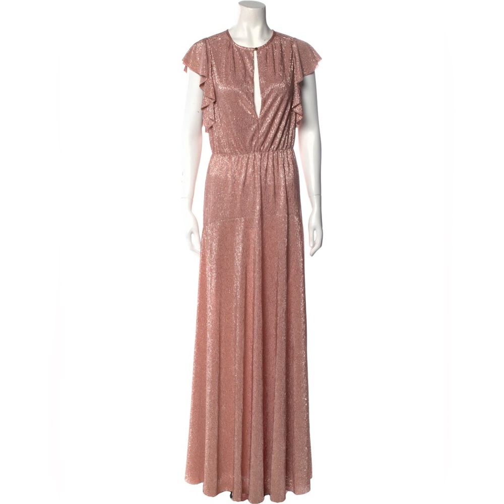 Sabina Musáyev V-Neck Gold Metallic Pink Long Dress w/belt Size M